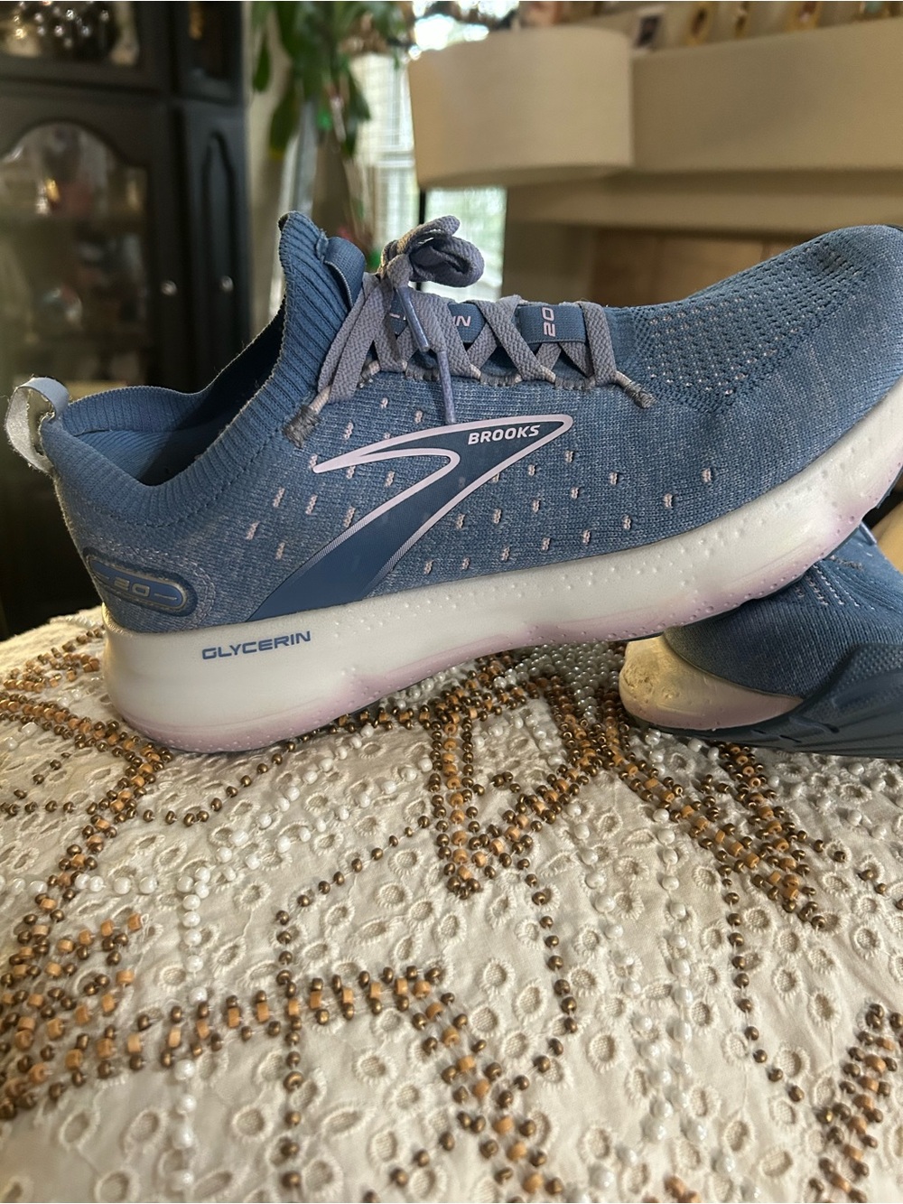 Brooks Women's Glycerin Knit Running Shoes - Dusty Blue with Light Pink Accent